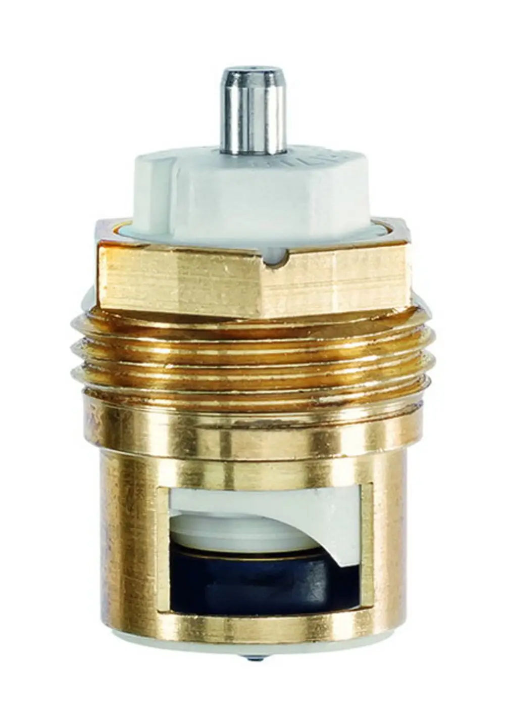 Thermostat-Oberteil aus Messing und Kunststoff, vermutlich von IMI Hydronic Engineering, mit einer zentralen Verbindung und einer Öffnung zur Regulierung des Wasserdurchflusses.